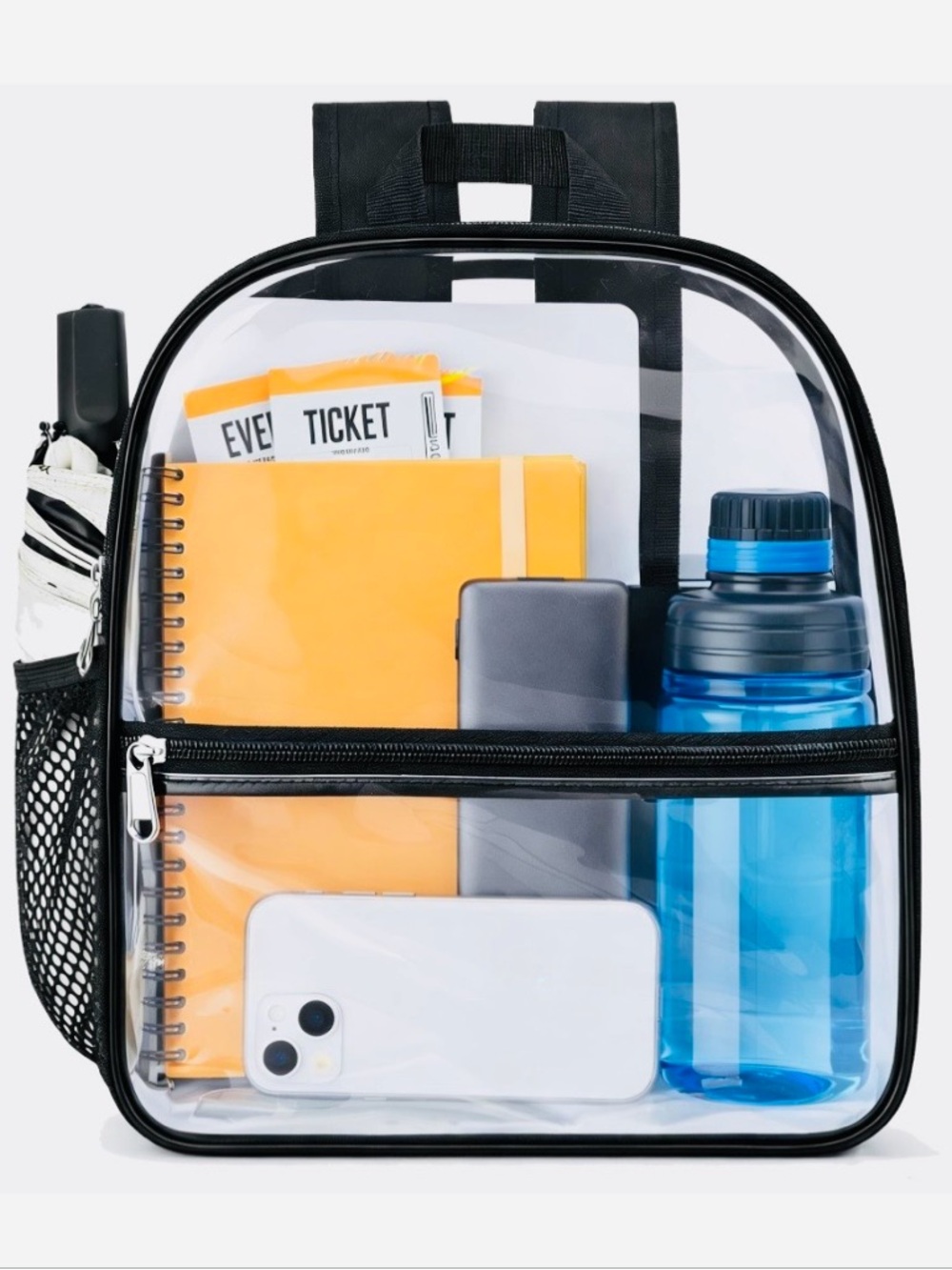 #1812** Amazon Clear Backpack with Black Trim and Blue Bottle
